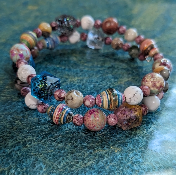 Jasper Energy Bracelet Handmade Colorful Cute Rainbow Upcycled Paper Beads - Picture 9 of 13